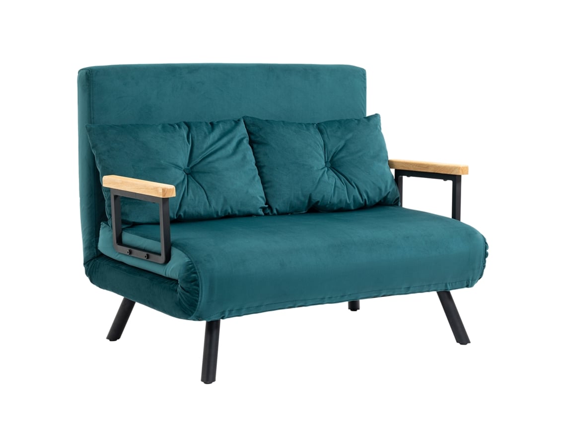 Sofá cama de 2 Lugares com Encosto Ajustável de 5 Níveis e 2 Almofadas Estofadas, Estofamento Efeito Veludo, Azul Manbo