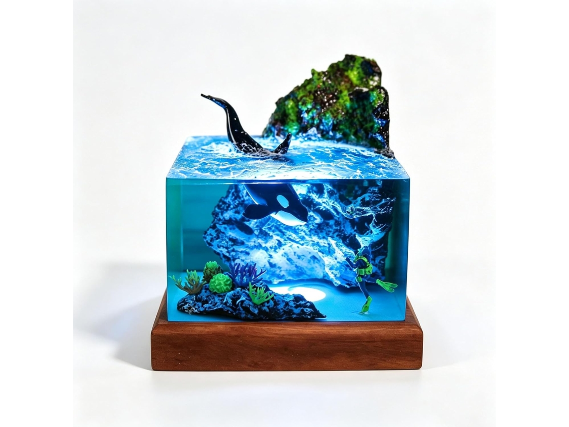Luminária Noturna Oceano Em Resina Epóxi E Madeira Ornamental 3d