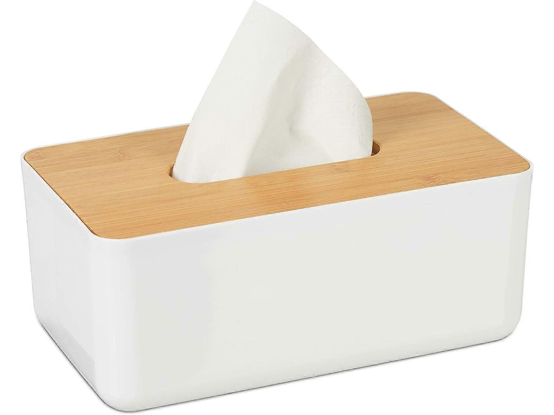 Caja de Pañuelos Multifuncional, Plástico/bambú, 21x13x9.8cm, Color Natural/blanco/marrón, Diseño Moderno para Baño Cocina Sala