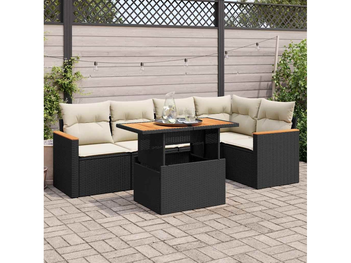 Vidaxl 6 Pcs Conjunto Sofás Jardim C/ Almofadões Vime Pe/acácia Preto
