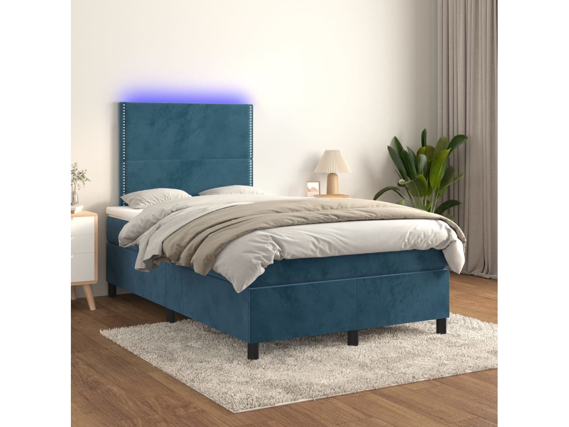 Cama Box Spring C/ Colchão/led 120x200 Cm Veludo Azul-escuro