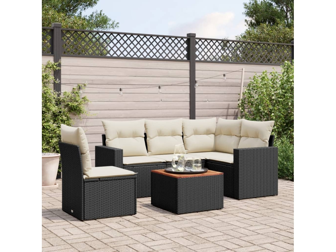 Vidaxl 6 Pcs Conjunto Sofás De Jardim C/ Almofadões Vime Pe Preto