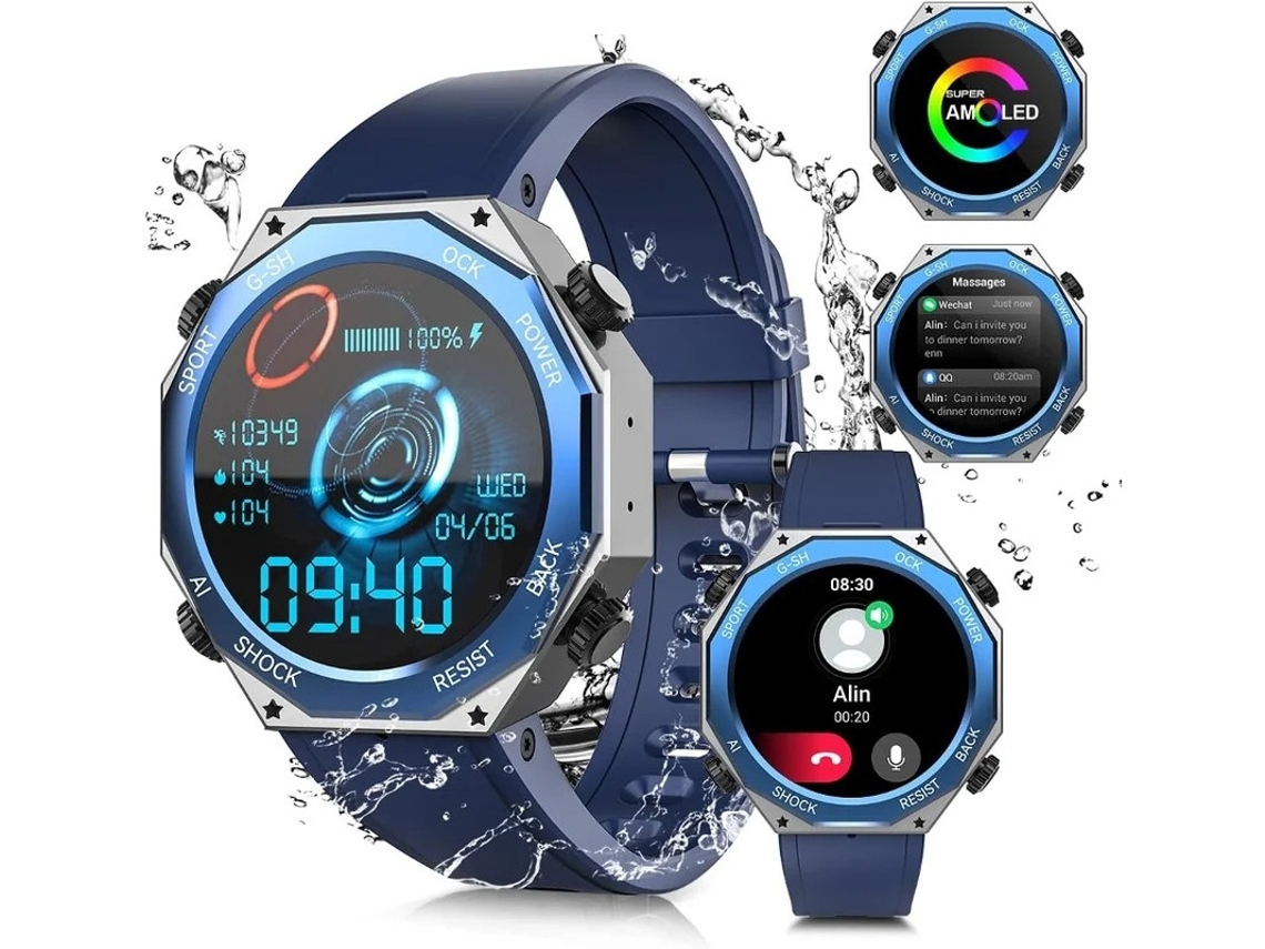 Smartwatch masculino com tela AMOLED de 1,45", resistente à água até 100 m e rastreador fitness, ideal para uso ao ar livre. Bestvite