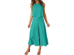 Conjunto de verão feminino Roylamp 2026 de duas peças: blusa básica de gola redonda e calça cropped de pernas largas.