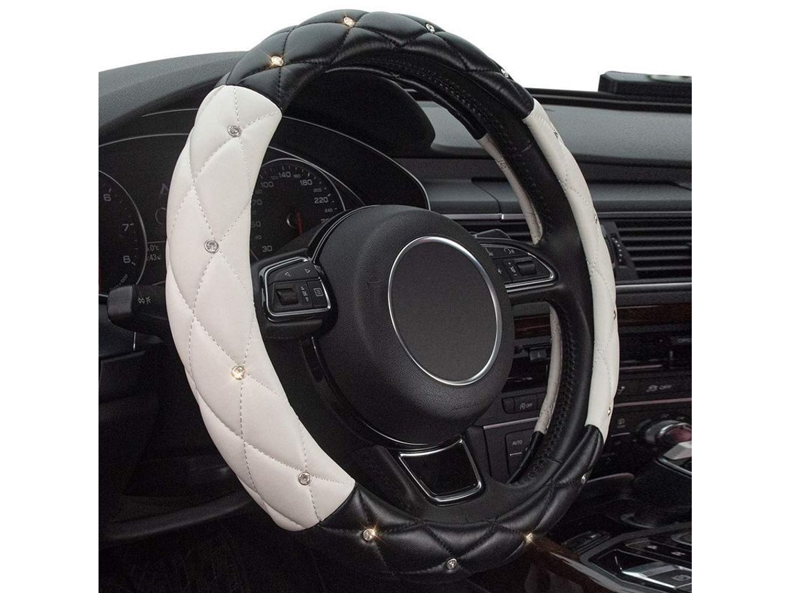 Protector Volante De Cuero Con Piedras Strass Antideslizante Para Mujeres Y Niñas Ajusta 15" Negro Y Blanco