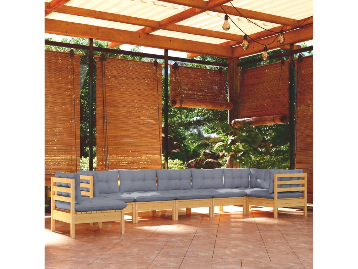 Vidaxl 8 Pcs Conjunto Lounge De Jardim + Almofadões Cinza Pinho Maciço