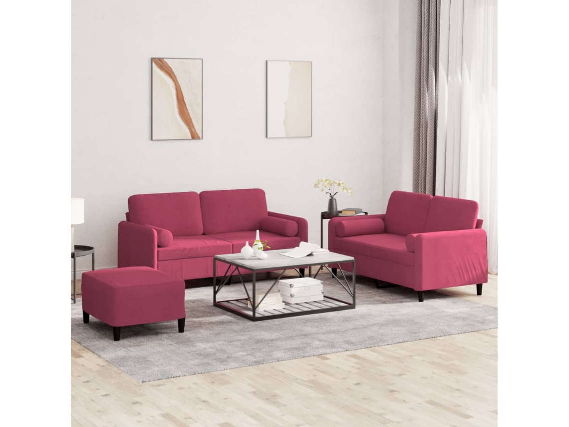 Vidaxl 3 Pcs Conjunto De Sofás Com Almofadas Veludo Vermelho-tinto
