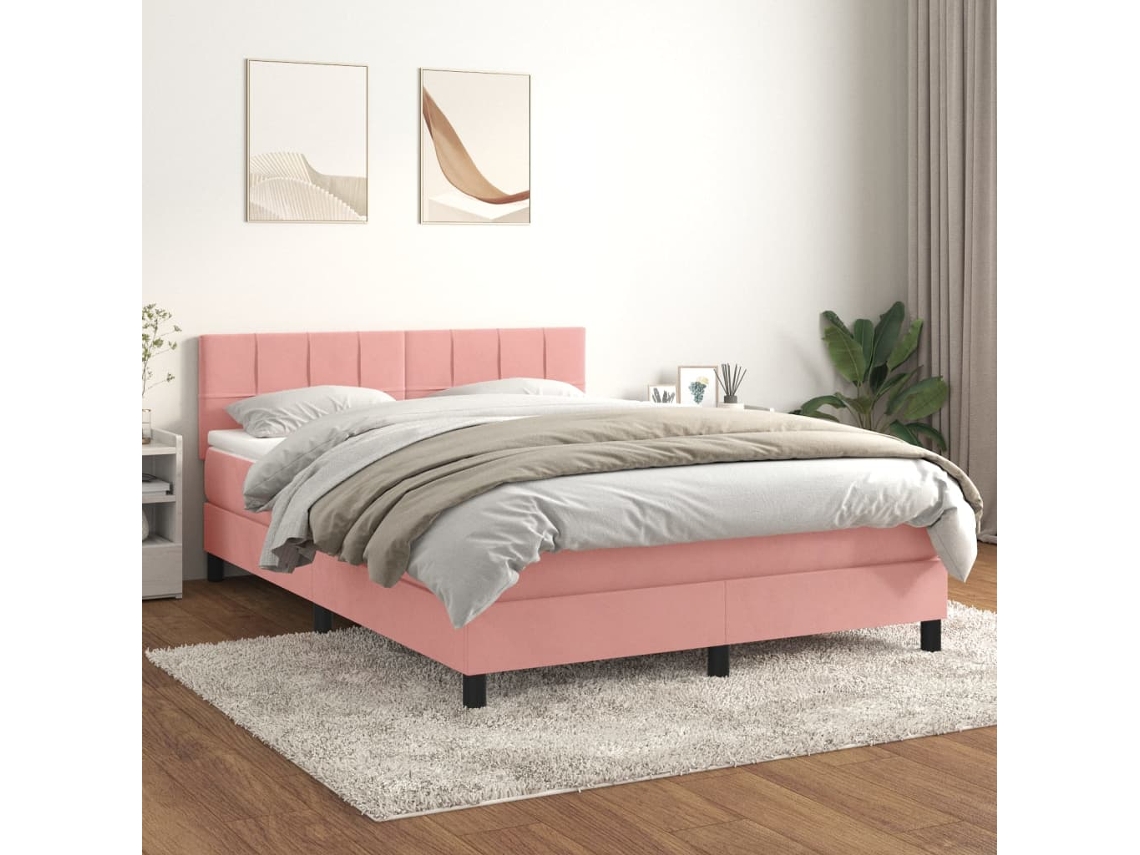 Vidaxl Cama Com Molas/colchão 140x190 Cm Veludo Rosa