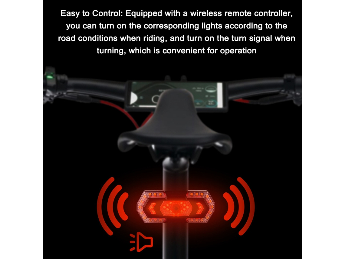 Lanterna Traseira Led para Bicicleta com Sinal de Virada, 5 Modos, Controle Remoto, Recarregável e À Prova D'água