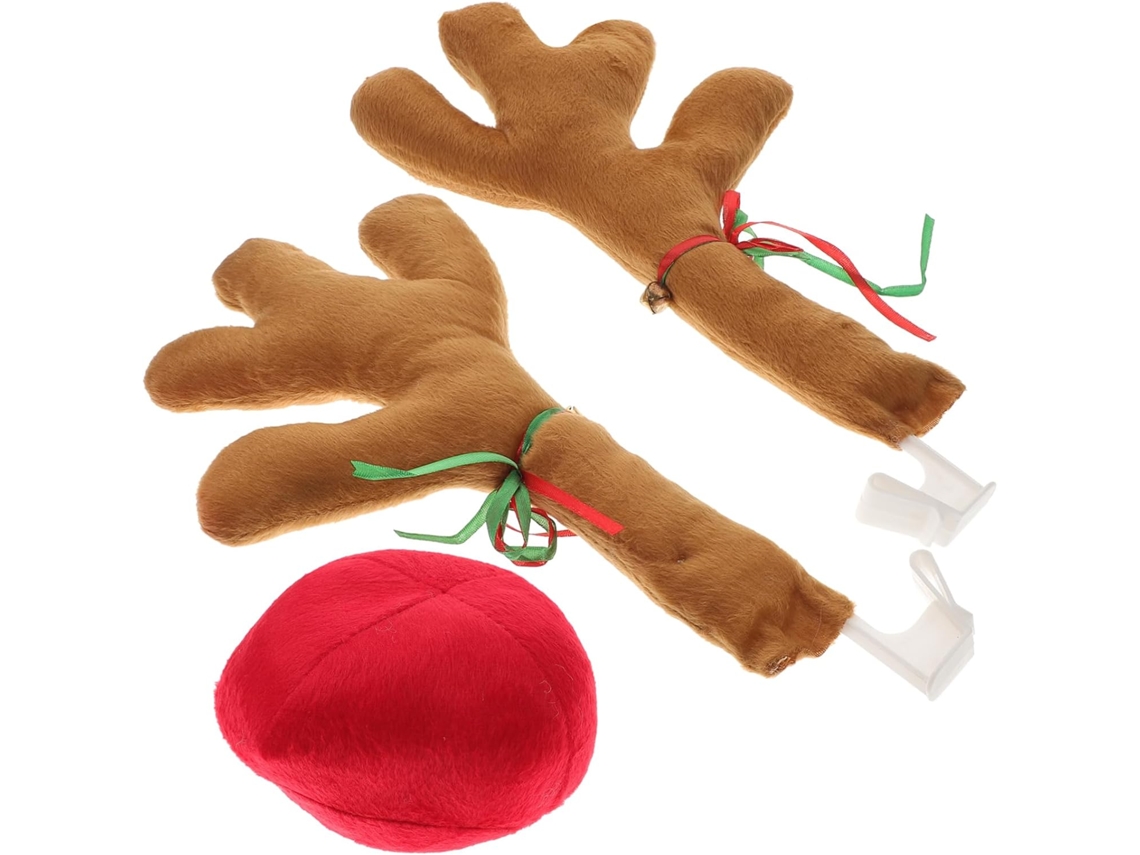 Kit de decoração natalina para carro com enfeites Rena Chifres e acessórios de madeira na cor cáqui.