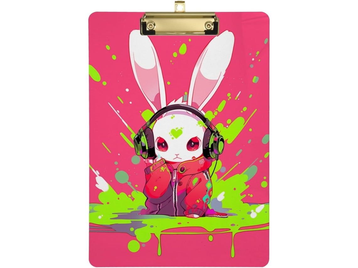 Prancheta com estampa de coelho em fundo rosa, prato rígido Feita, ideal para sala de aula e mesa.