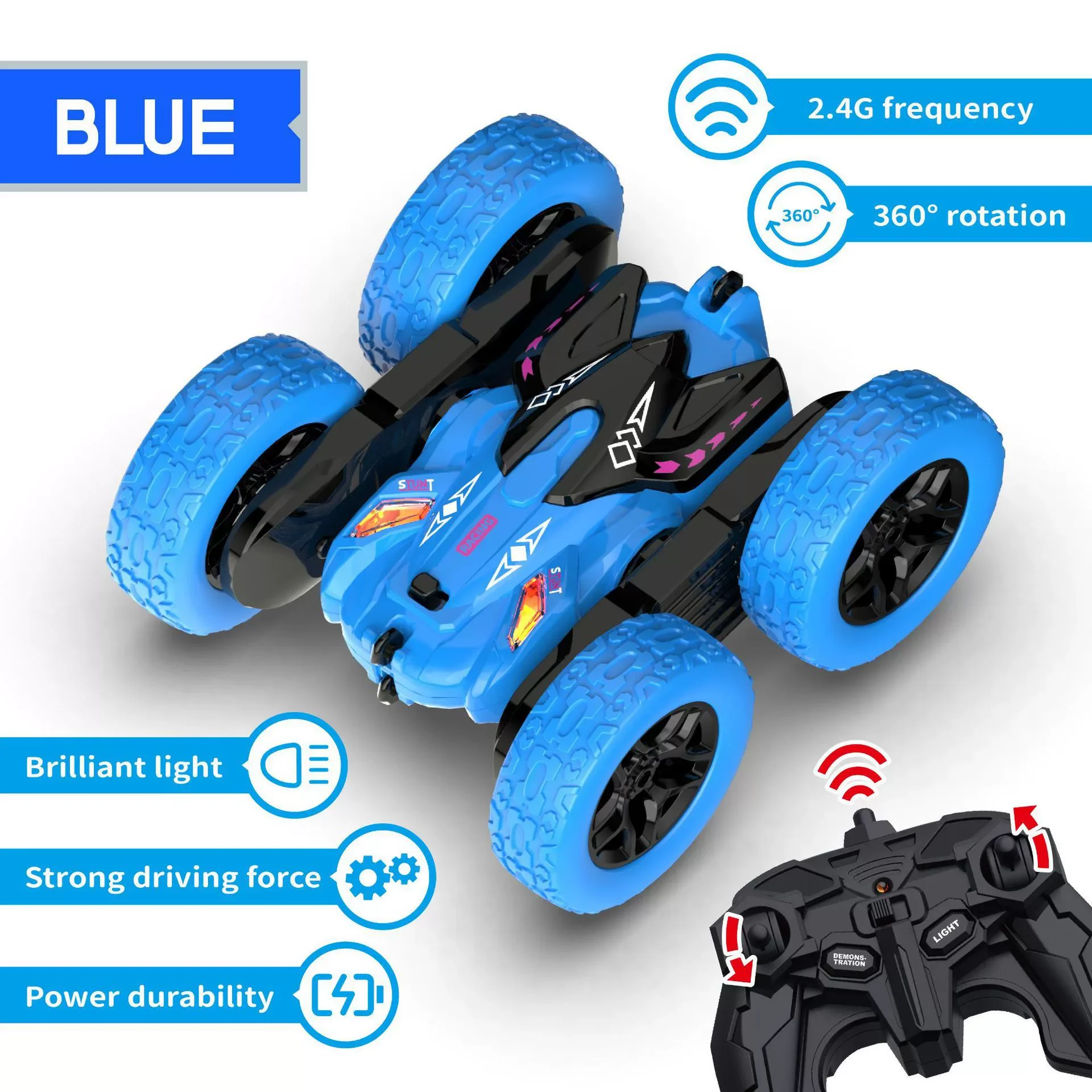 (azul) Carro Acrobático Controlado Remotamente, Rotação De 360 Graus, Tração Dupla De 2,4 Ghz.