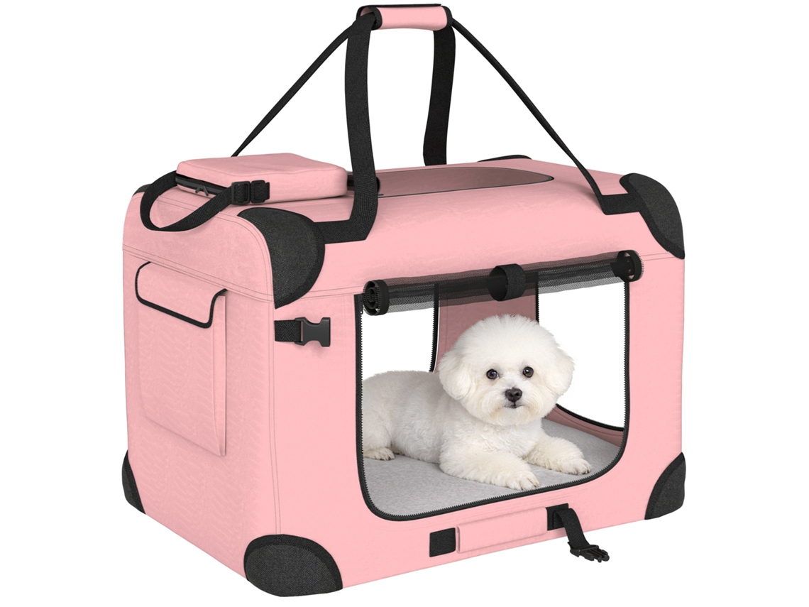Transportadora dobrável para cães, com janelas de rede, almofada macia, 2 alças, 60x41,5x41 cm, rosa | S/MARCA