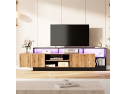 Móvel de TV LED moderno com 2 portas e 6 compartimentos abertos, preto e natural, Mobrio