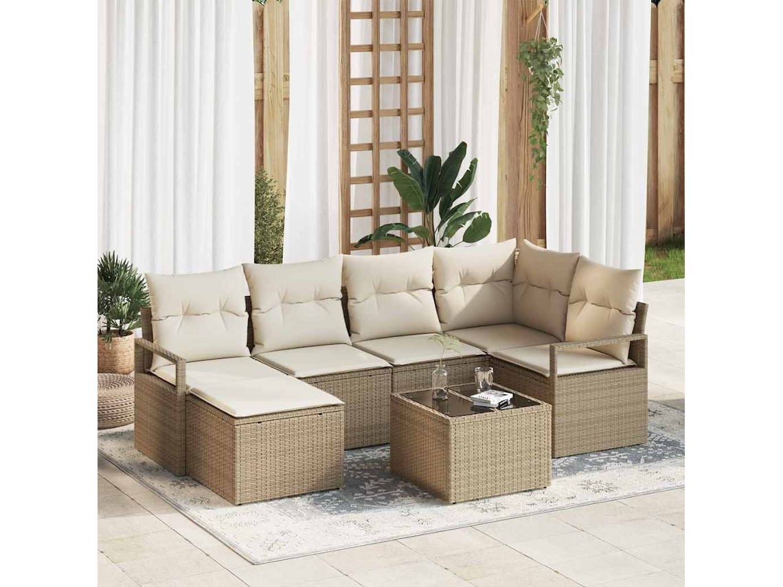 Vidaxl Conjunto De Sofás Com Almofada 7 Pcs Bege E Creme Vime Pe