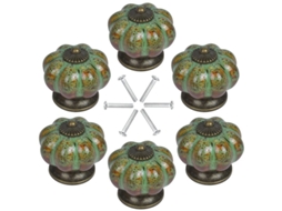 Mango de cerâmica vintage Linjou 6 peças, puxadores de armário verde com detalhes de bronze
