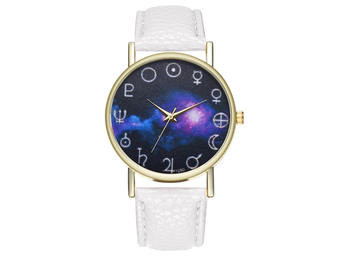 Relógio de pulso unissex Fashion Zhoulianfa em couro PU branco com estampa de nebulosa