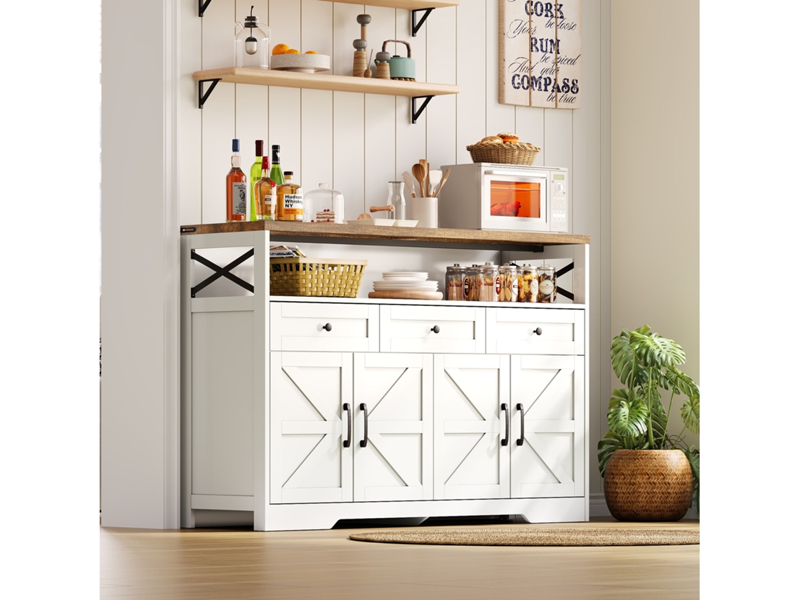 Buffet De 140cm Com Armazenamento E 3 Gavetas Estilo Rústico Ideal Para Cozinha E Sala Em Branco E Marrom Mega Echo Trade Shop