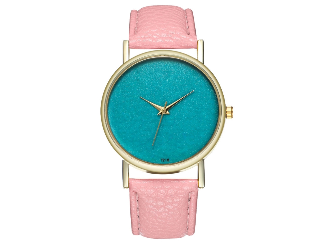 Relógio de pulso feminino de quartzo com pulseira de PU, mostrador redondo, design moderno (rosa)