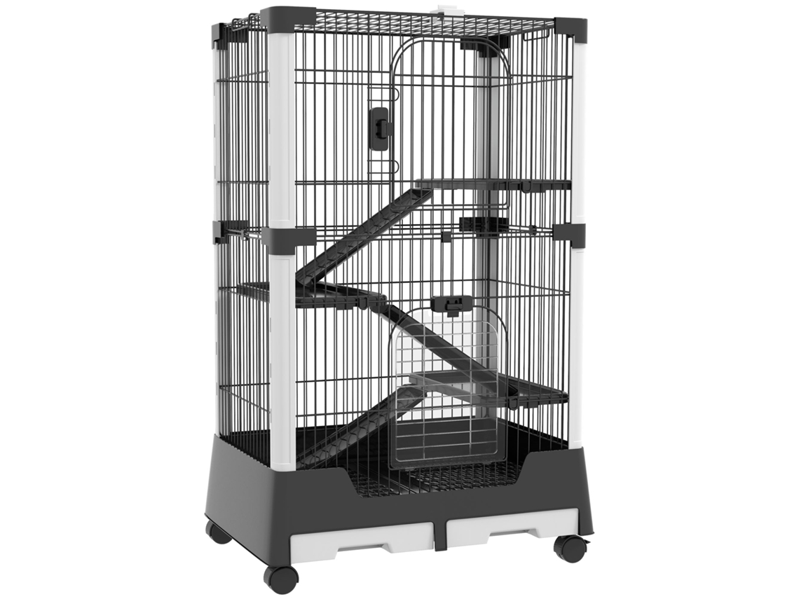Gaiola Para Pequenos Animais Com Rodas, 114x75x50 Cm, Com 3 Plataformas, 3 Rampas E Bandejas Removíveis.