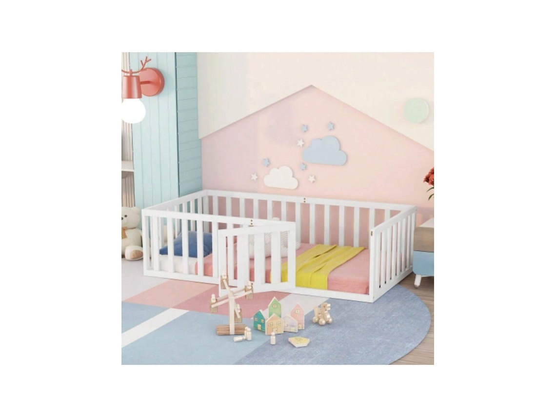 Cama Infantil 90x200cm Com Estrutura De Madeira, Barreiras De Segurança E Porta, Branca Hvorstur