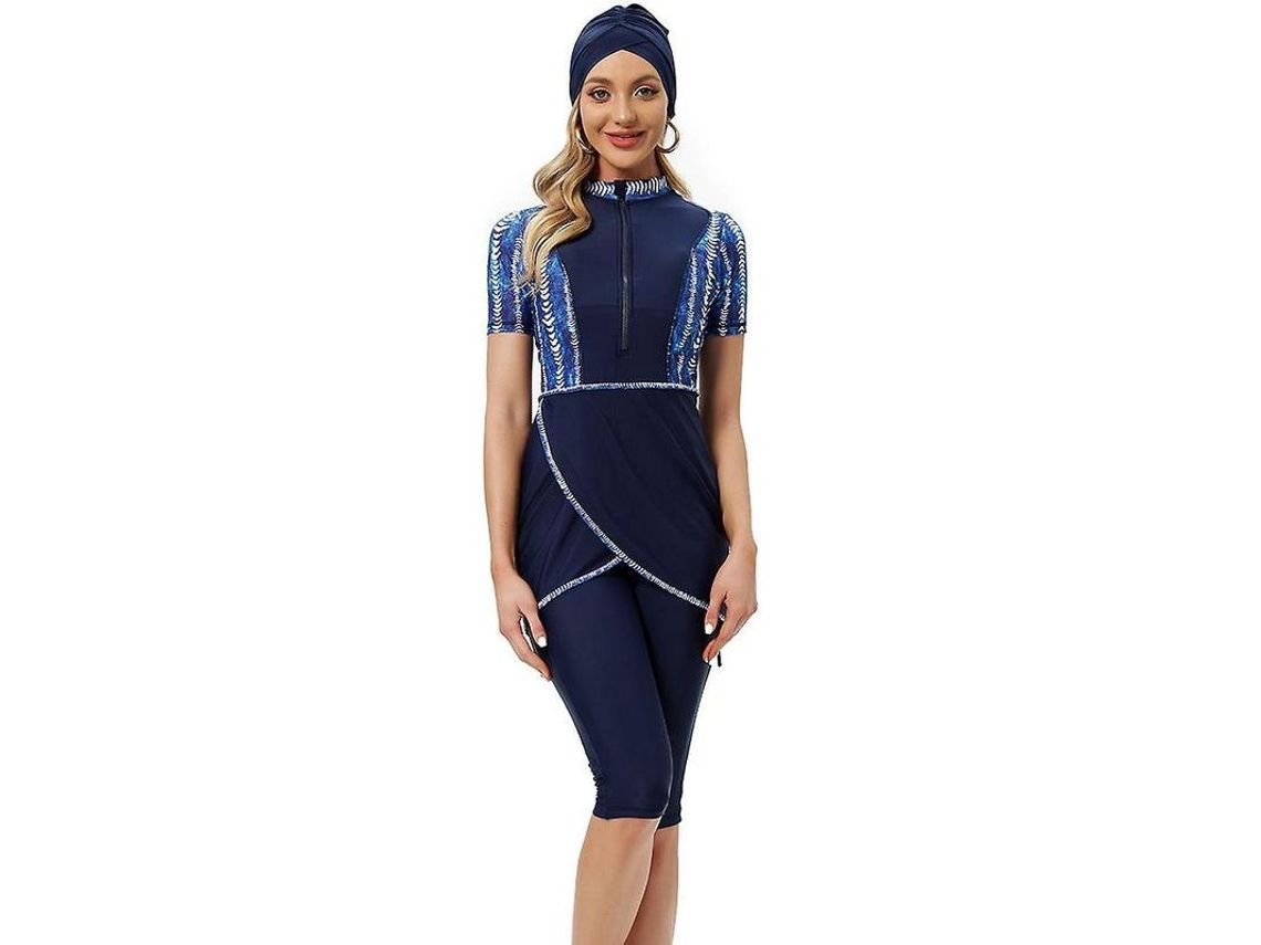 2026 traje de Banho Muçulmano Modesto Crop Curto para Mulher 2023 com Cremalheira Frontal Burkini 3xl Azul