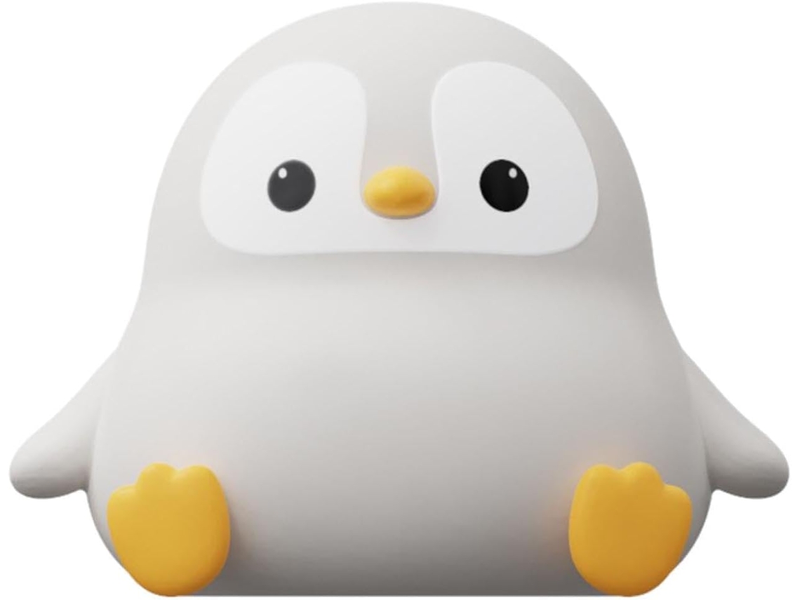 Abajur em formato de pinguim, base de silicone macia e flexível, ajustável para facilitar a amamentação.