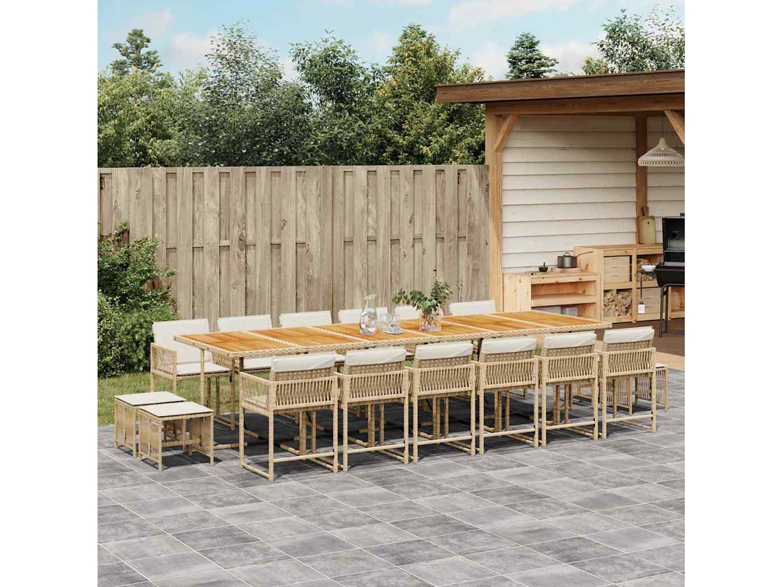 Vidaxl 17 Pcs Conjunto De Jantar P/ Jardim C/ Almofadões Vime Pe Bege