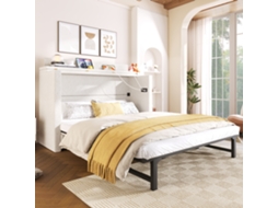 Cama Efusível 140x200cm: Gaveta, Murphy, Armazenamento, Usb/type-c, Linho Bege, Sem Colchão. Cs