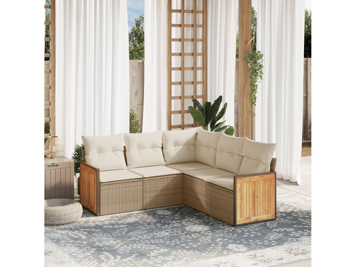 Conjunto de 5 Sofás para Jardim com Almofadas Vime Pe Bege Dkd Home Decor
