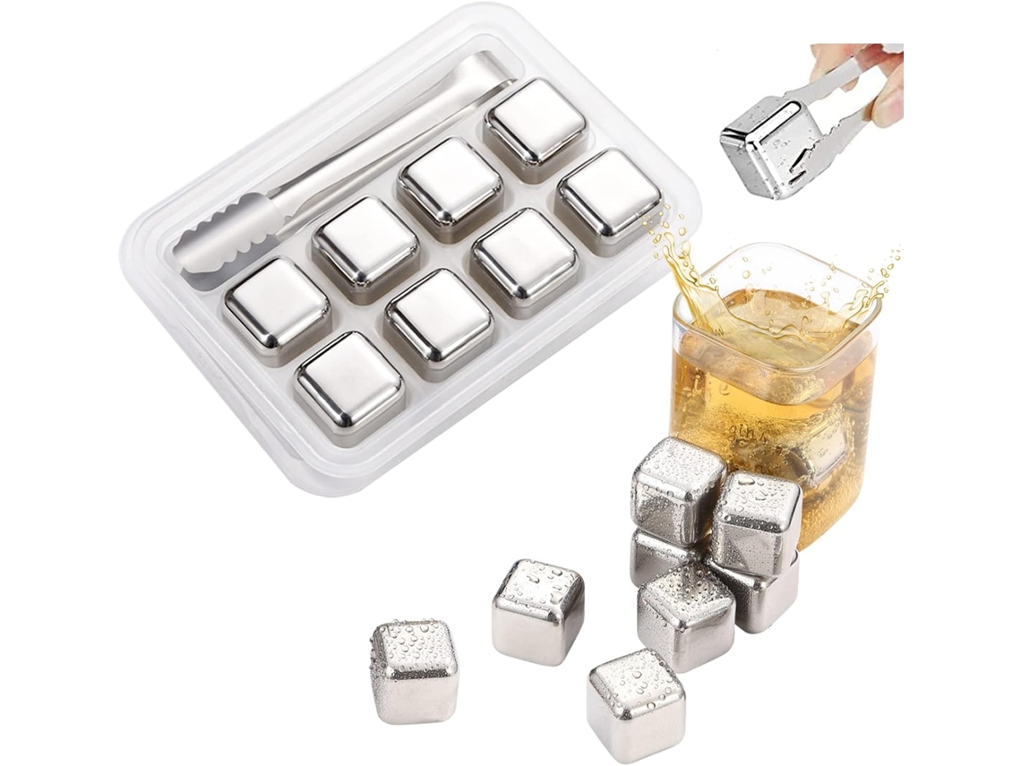 8 Cubos De Gelo Reutilizáveis - Cubos De Gelo Inoxidáveis Com Pinça - Utensílio De Cozinha - Prata