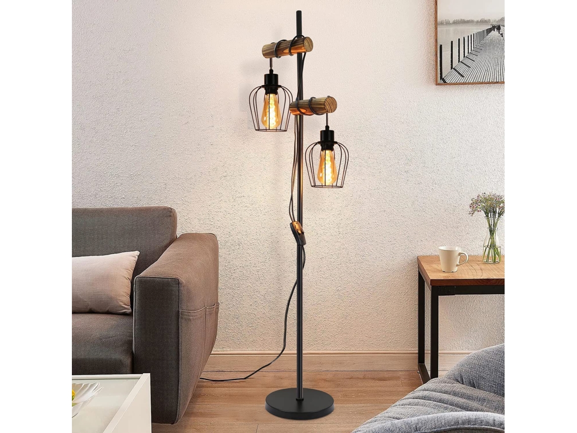 Candeeiro De Pé Vintage Para Sala, Em Madeira Com 2 Chamas Em Desenho Industrial Em Metal Interruptor Preto E27 Altura 151cm Sem Lâmpada Nettlife