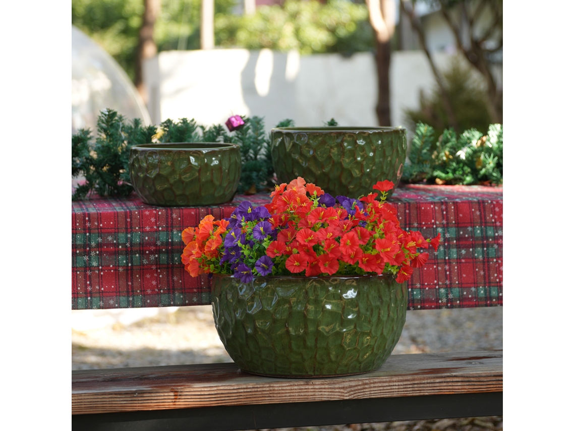 Conjunto 3 Vasos Cerâmica Verde Ø38/30/25cm Artesanal Drenagem VELTRIX