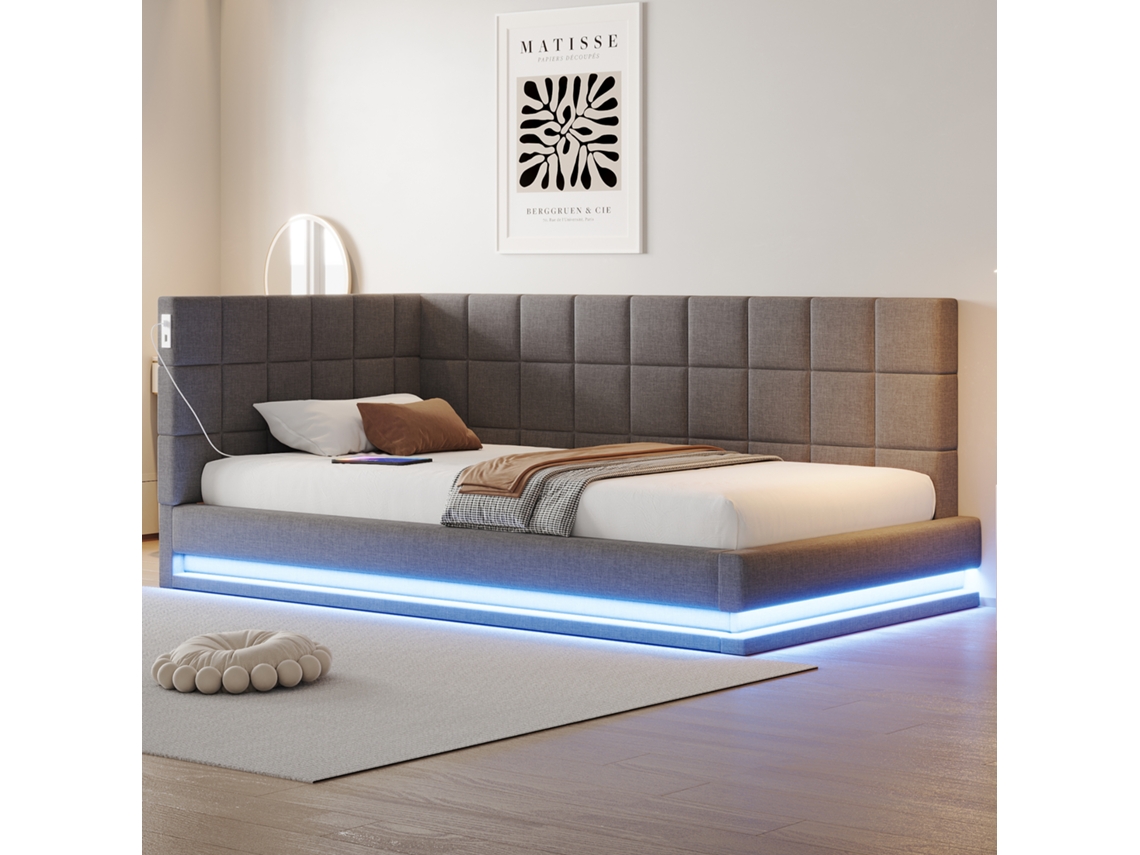 Sofá Cama 90x200 Linho Cinza Led Usb Ripas Multifuncional Moderno
