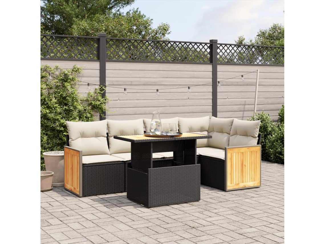6 Pcs Conjunto Sofás De Jardim C/ Almofadões Vime Pe Preto Dkd Home Decor