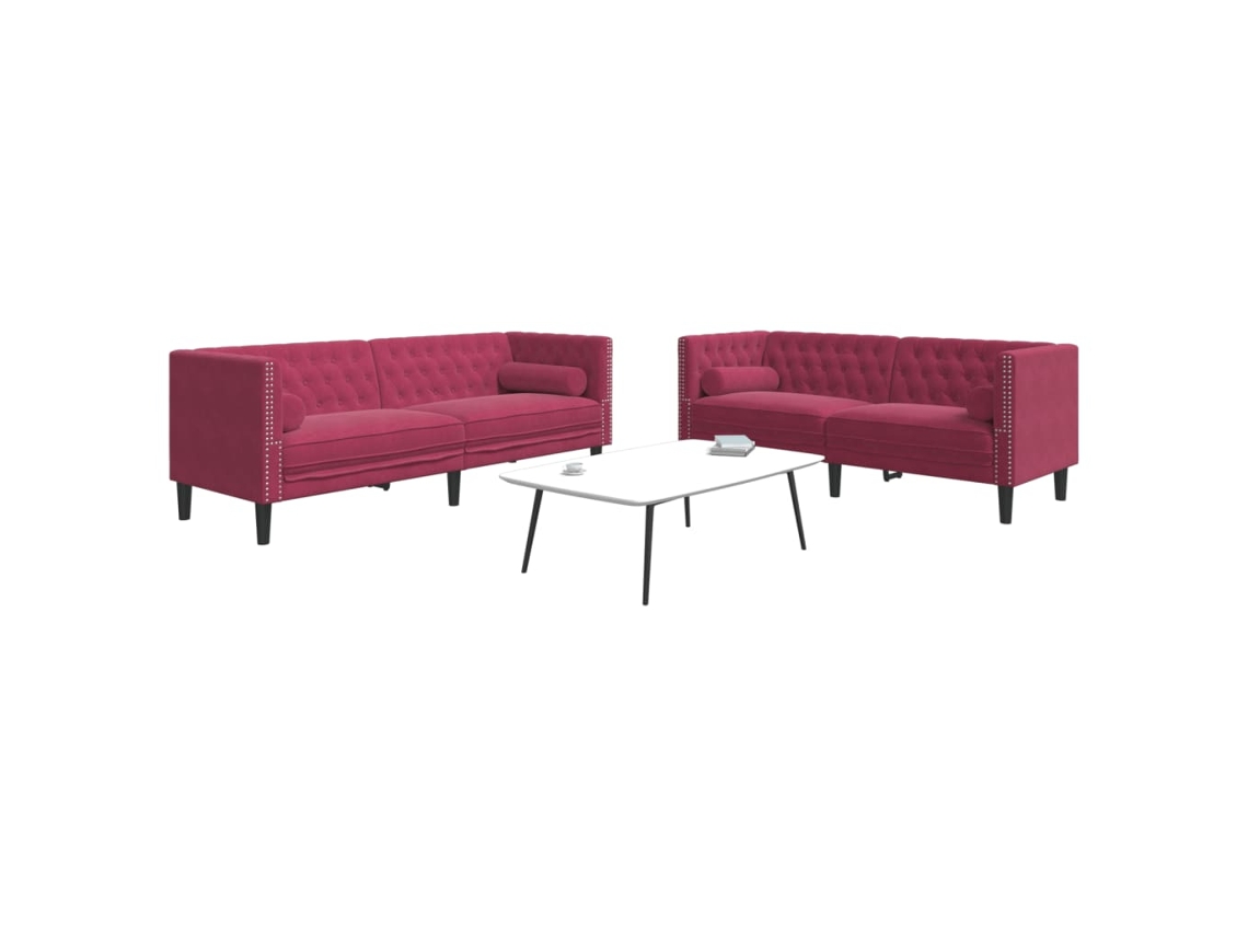 Vidaxl 2 Pcs Conj. Sofás Chesterfield Com Rolos Veludo Vermelho-tinto