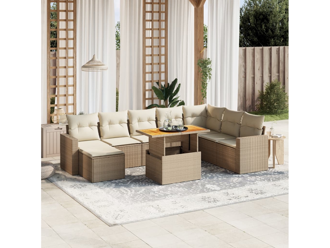Vidaxl 9 Pcs Conjunto De Sofás P/ Jardim Com Almofadões Vime Pe Bege