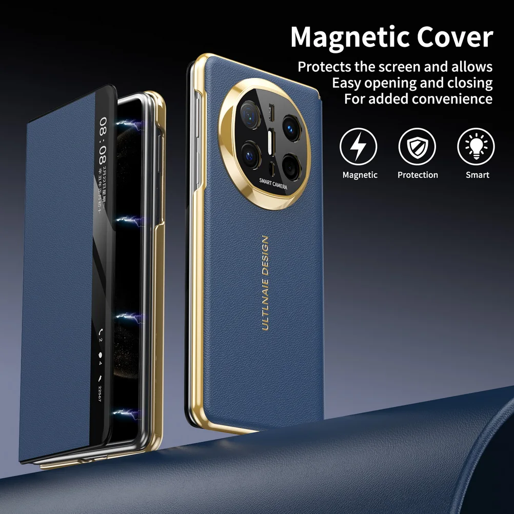 (azul, Huawei Mate X3) Capa De Celular Inteligente Retrô Para Negócios Em Couro, À Prova De Choque Com Protetor De Lente Magnético Integrado.