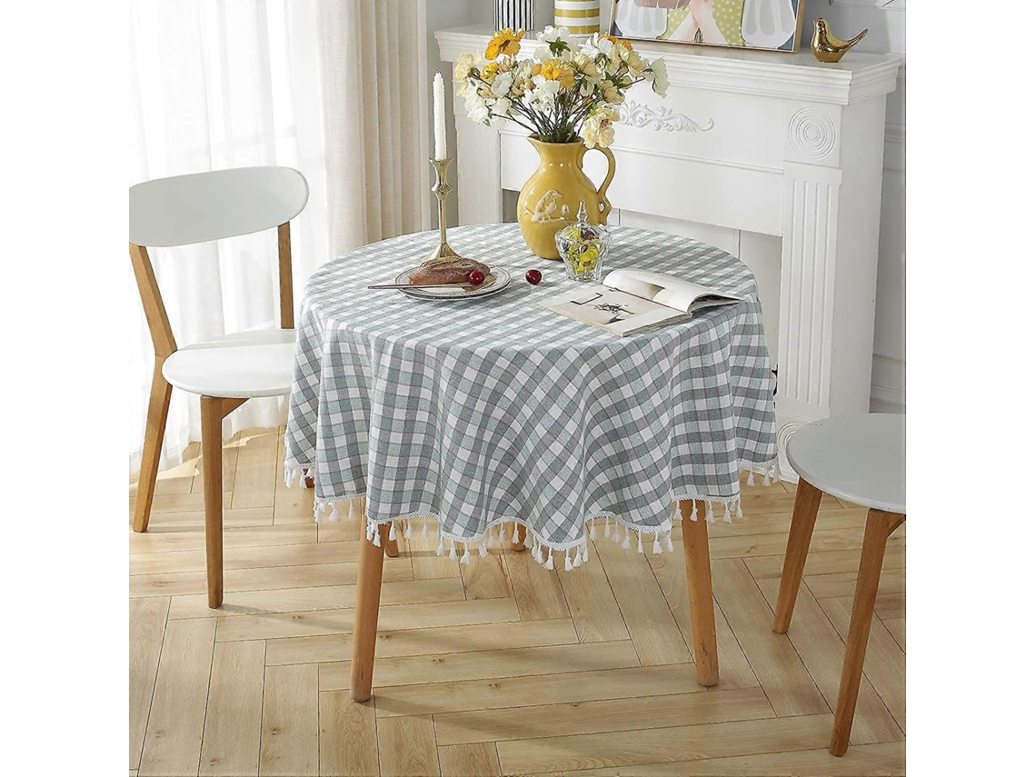 Toalha De Mesa Redonda Em Algodão E Linho, Anti-manchas, Com Franjas, Lavável, 140x140cm