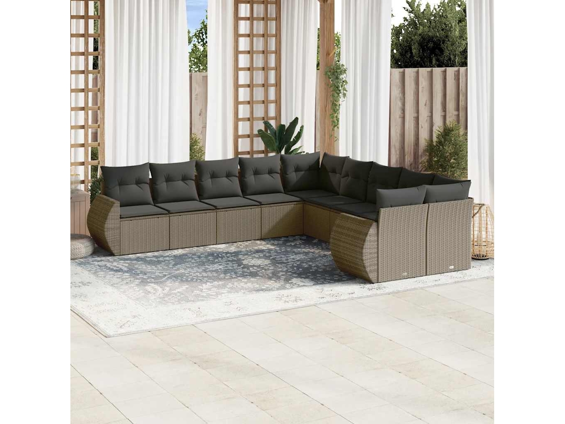 Vidaxl 10 Pcs Conj. Sofás Jardim Com Almofadões Vime Pe Cinzento-claro