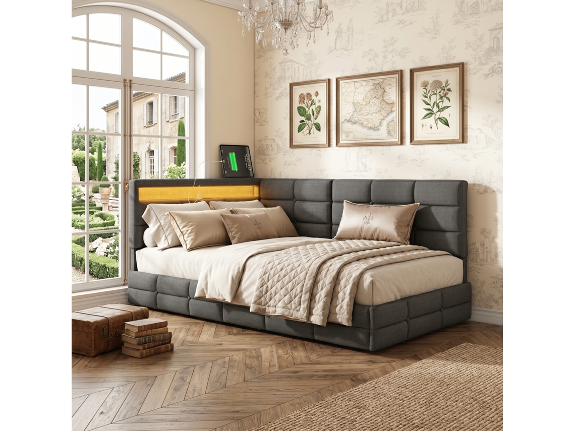 Divã e Sofá Cama 90x200 cm com iluminação e USB, estrutura de linho cinza RESETIZE
