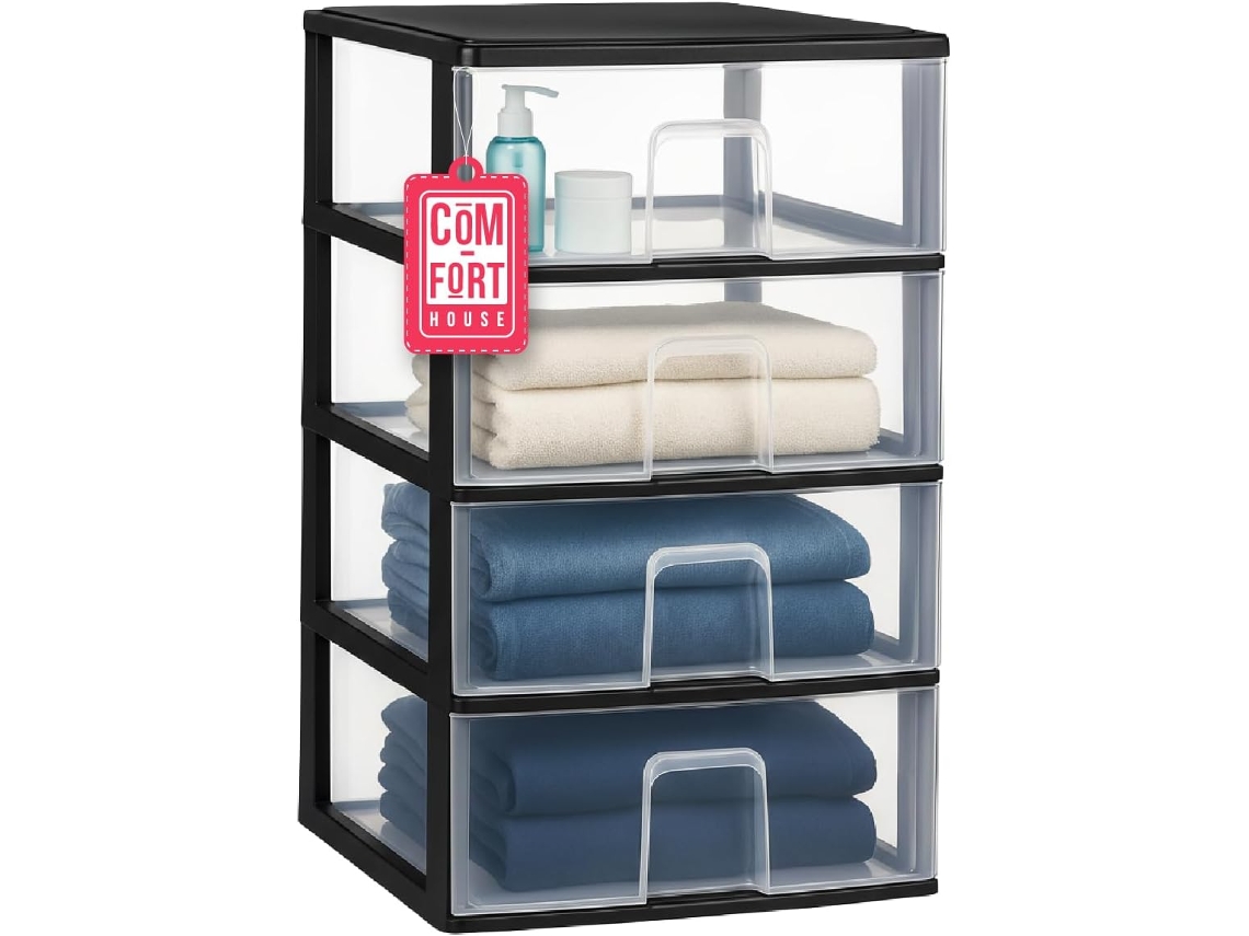 CASA COM-FORT | Unidade de gaveta de plástico empilhável | Modelo Transparente | Cor preta | Modelo 4 Gavetas | Gavetas de armazenamento modulares