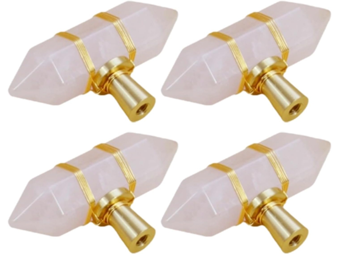 Conjunto De 4 Puxadores Quartzo Rosa Para Gavetas E Armários, Com Base Em Latão Escovado, Pontas Duplas De Cristal