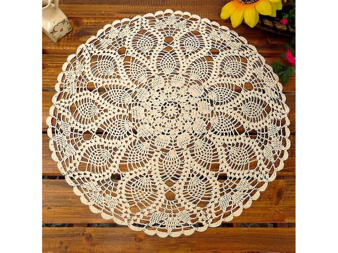 Toalha De Mesa Redonda De Renda De Algodão Em Crochê Feito À Mão De 60 Cm, Toalha De Mesa Oca Rápida Yjd Bege