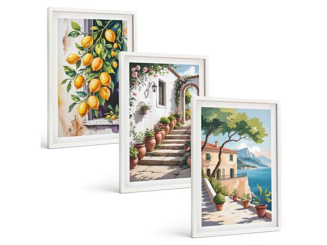 Galeria De Pinturas Murais Flores De Limão, Vista Para O Mar Moldura Branca Fotos Para O Escritório Espelharte (3 Piezas De 40x60 Cm)