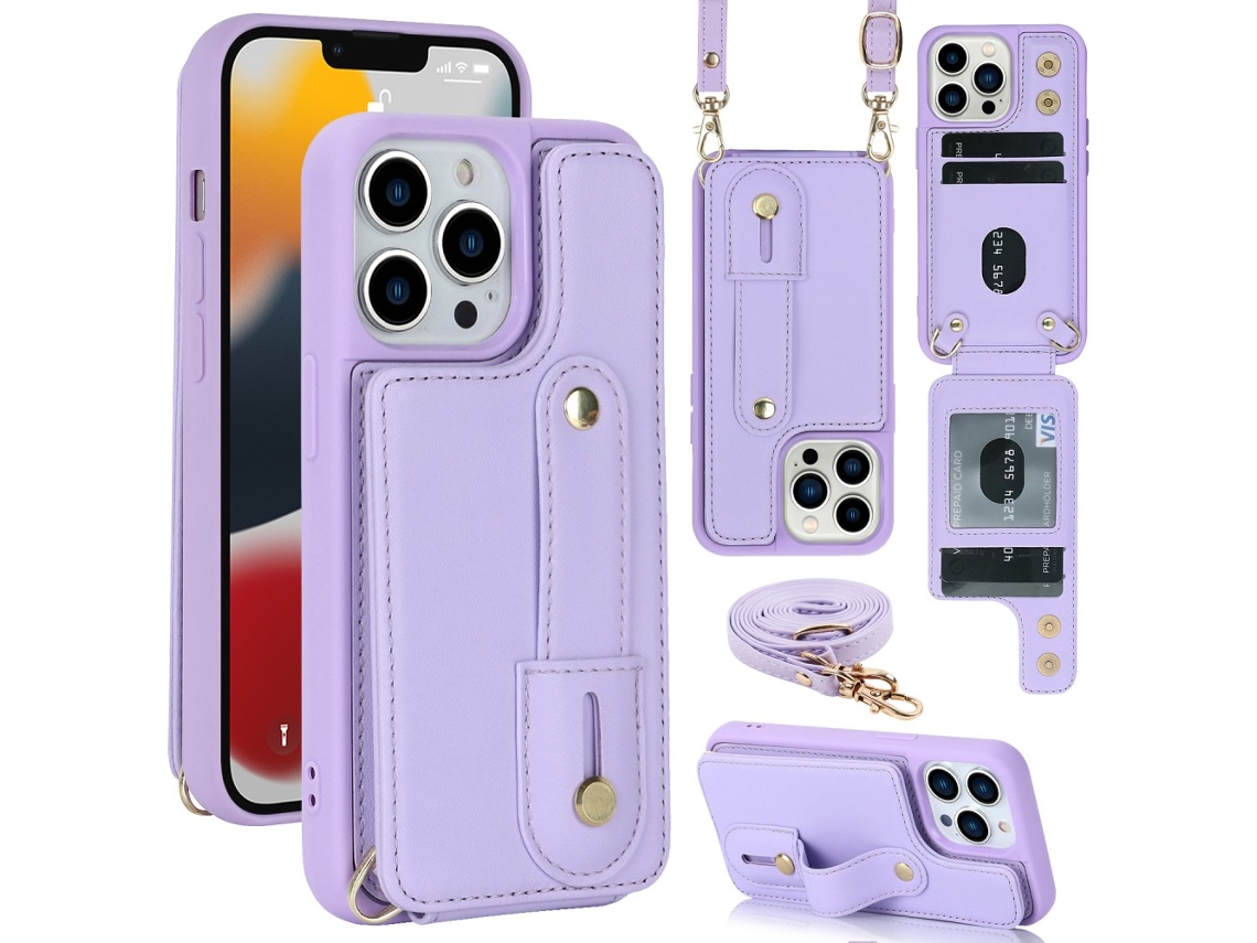 Suporte Casa Pega Para Iphone 15 Pro Max Pele Sintética Com Porta-cartões Roxo