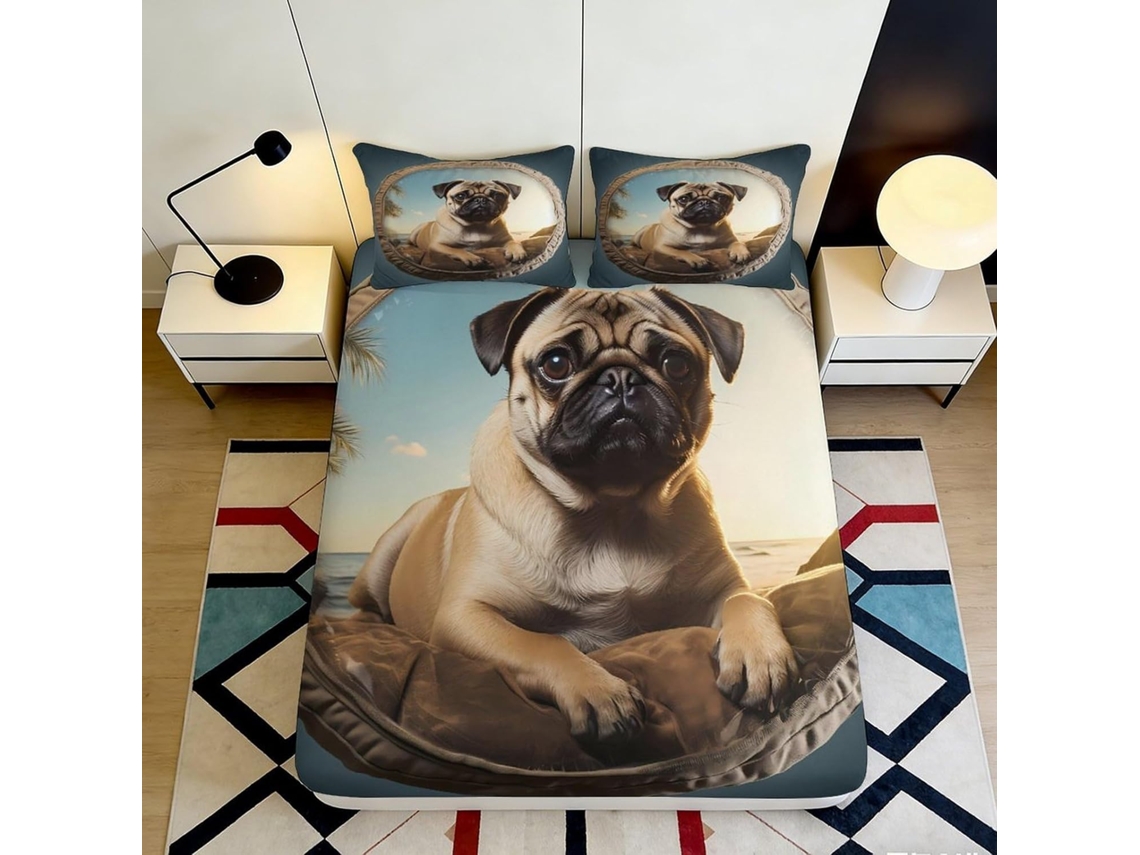 Conjunto de Cama com Estampa 3d Pug na Praia Microfibra Fronha 200x25cm