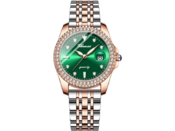 Relógio Feminino com Ponteiros de Janela Grande com Detalhes em Cristal À Prova DÁgua-Aço Verde