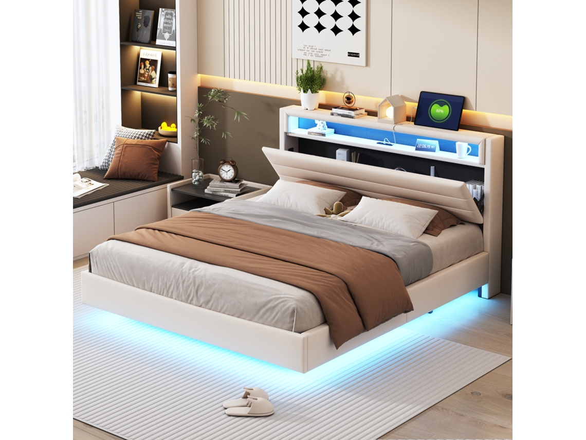 Cama Estofada Bege 160x200 Com Usb, Led E Cabeceira Acolchoada