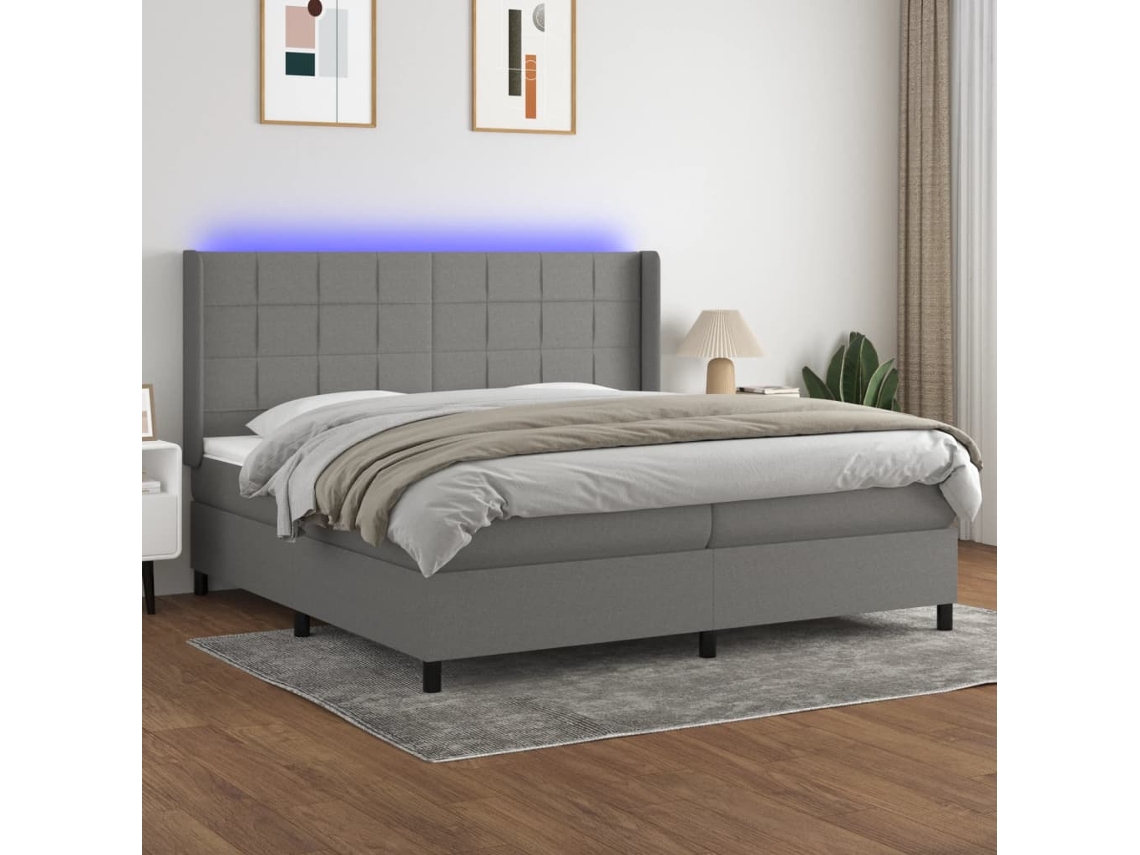 Vidaxl Cama Box Spring C/ Colchão E Led 200x200 Cm Tecido Cinza-escuro